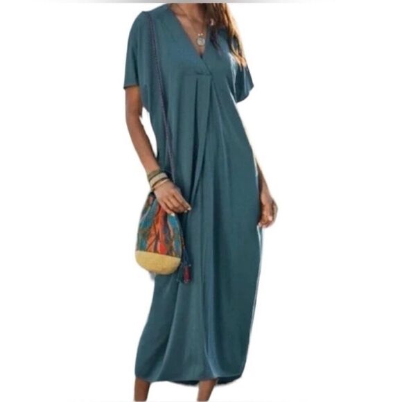 Peruvian Connection Blue Thebes V-Neck Caftan Maxi Dress Size XS/S - Picture 1 of 11